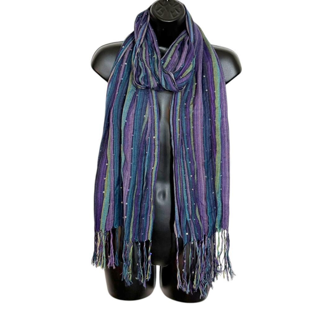 Vintage Y2K Purple Striped Scarf Sequin Accents Fringe Shawl Wrap Boho Crinkle